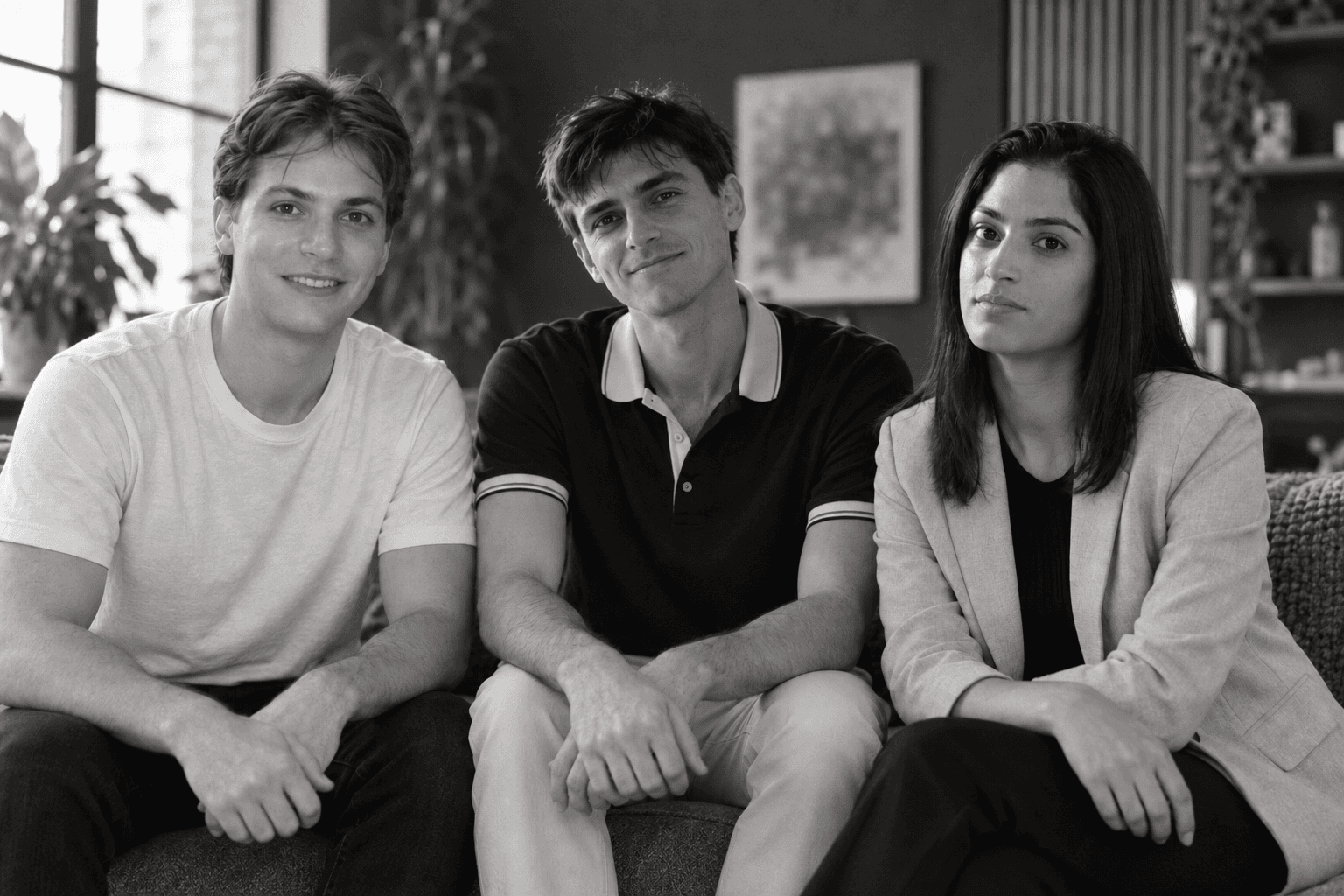 AI-generated black-and-white team portrait of Miles Feldstein, Ridgely Mckinless, and Mehak Vohra